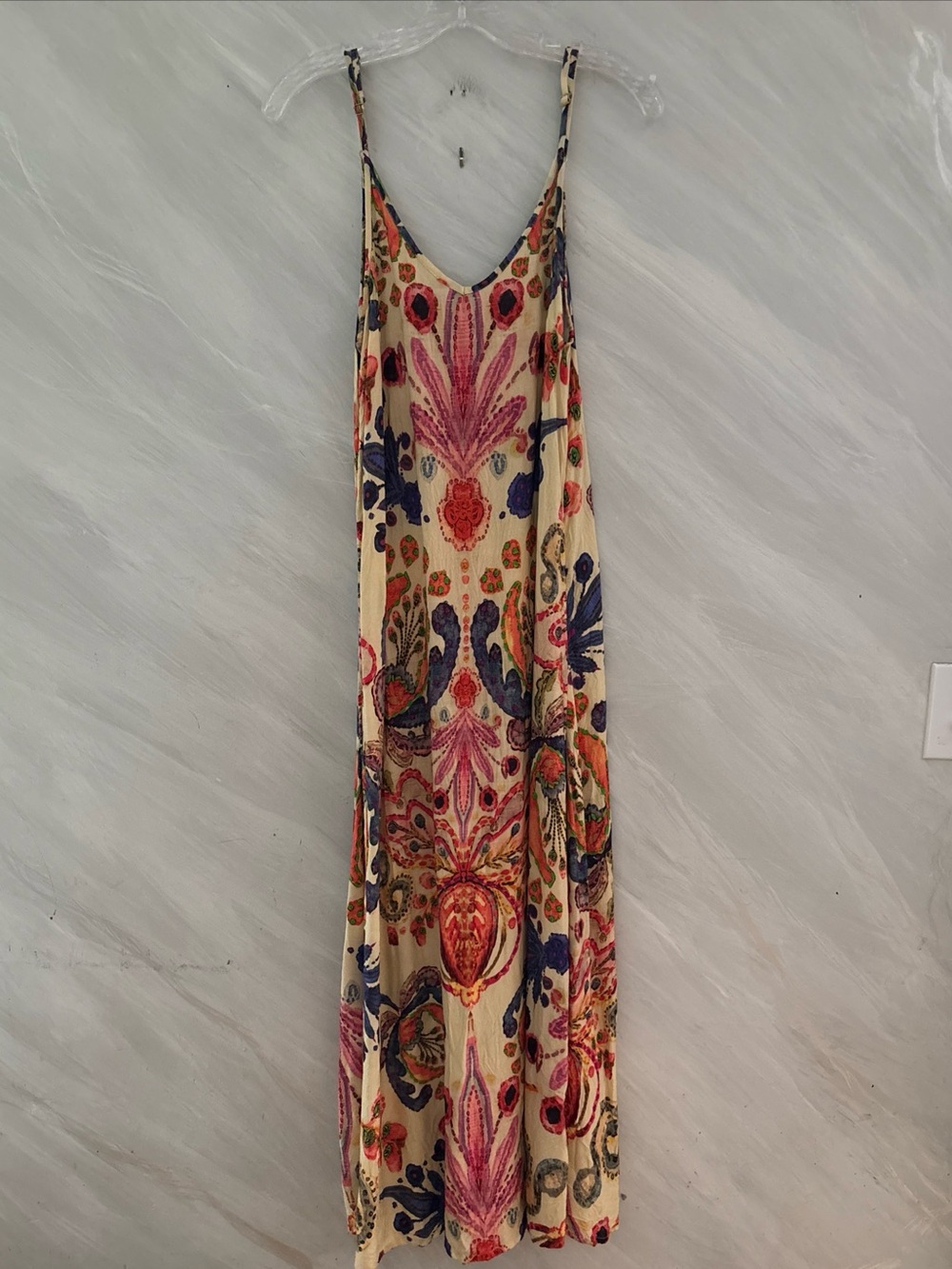 Natural Life M Cream Watercolor Spaghetti Strap Maxi Dress Boho Indie